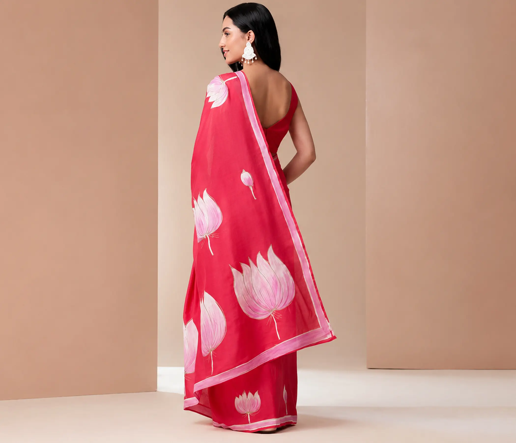 Hand-Painted Fuchsia Pink Chiffon Saree with White & Pink Lotus Motifs